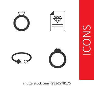 Set Diamond engagement ring, Bracelet jewelry and Certificate of the diamond icon. Vector