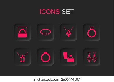 Set Diamond engagement ring, Bracelet jewelry, box, Earrings, Pendant necklace and  icon. Vector