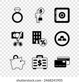 Set Diamond engagement ring, Business man planning mind, Safe, Piggy bank, Briefcase and money, Credit card, Scissors cutting and House with percant discount icon. Vector