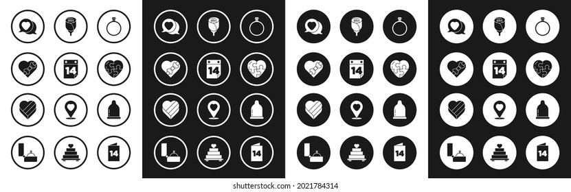 Set Diamond engagement ring, Calendar with February 14, Candy heart shaped box, Heart speech bubble, Flower rose, Condom and  icon. Vector
