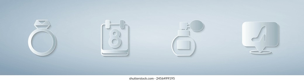 Set Anillo de compromiso Diamante, Calendario con 8 de Marzo, Perfume y Zapato Mujer. Estilo de arte de papel. Vector