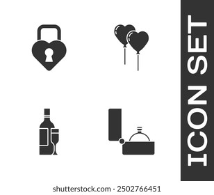 Set Diamant Verlobungsring, Schloss die Form des Herzens, Champagner Flasche und Ballons Form Symbol. Vektorgrafik