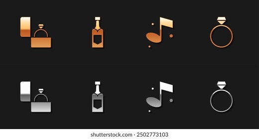 Anillo de compromiso de diamantes, botella de champán, nota de música e icono. Vector