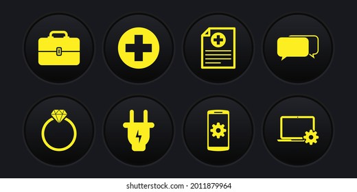 Establece el anillo de compromiso de diamantes, Chat, enchufe eléctrico, Ajuste de smartphone, registro clínico e icono de círculo médico. Vector
