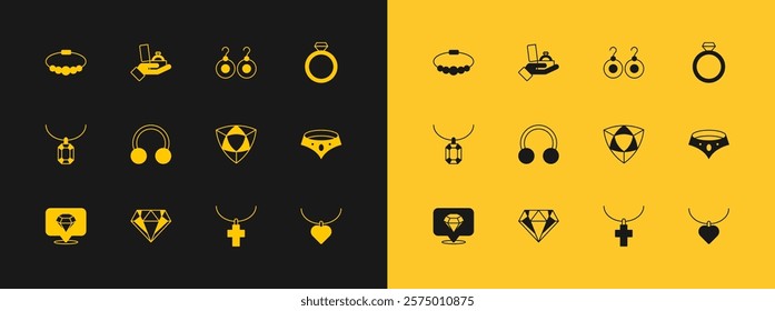 Set Diamond engagement ring, Christian cross chain, Piercing, Earrings, Bracelet jewelry and box icon. Vector