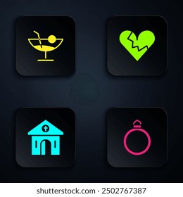 Set Diamond engagement ring, Cocktail, Church building and Broken heart or divorce. Black square button. Vector