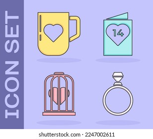 Set Diamond engagement ring, Coffee cup and heart, Heart in the bird cage and Valentines day flyer with heart icon. Vector