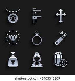 Set Diamond engagement ring, Consultant of jewelry store, Jewelry online shopping, Jewelers lupe, Bag with gems, Christian cross and Pendant necklace icon. Vector