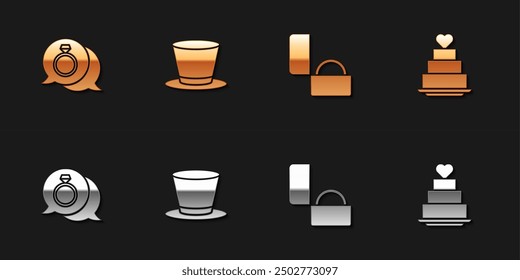 Set Diamond engagement ring, Cylinder hat,  and Wedding cake with heart icon. Vector