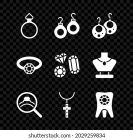 Set Diamond engagement ring, Earrings, Christian cross chain, Tooth with diamond,  and Gem stone icon. Vector