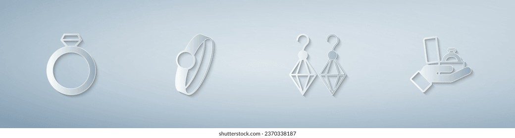 Legen Sie Diamond Verlobungsring, Ohrringe und Box fest. Kunststil aus Papier. Vektorgrafik