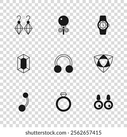 Set Diamond engagement ring, Earrings, Piercing, Wrist watch, Stud earrings and Gem stone icon. Vector