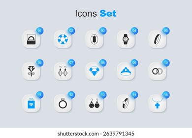 Set Diamond engagement ring, Earrings, Shopping bag jewelry, Christian cross chain, Wedding, box and  icon. Vector