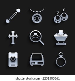 Juego anillo de compromiso de diamantes, báscula de joyería electrónica, maniquí de collar, compras en línea de joyas, cruz cristiana, icono de Earrings y Piercing. Vector