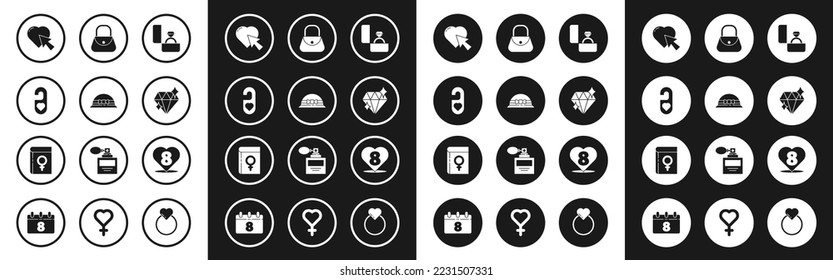 Set Diamond engagement ring, Elegant women hat, Please do not disturb with heart, Heart and cursor click, Handbag, 8 March and Book about icon. Vector