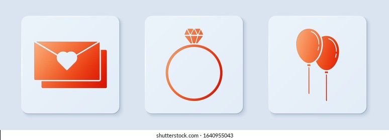 Set Diamond engagement ring, Envelope with Valentine heart and Balloons with ribbon. White square button. Vector