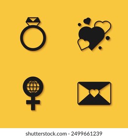 Anillo de compromiso de diamantes, sobre con 8 de marzo, Día Internacional de la Mujer e icono de corazón con sombra larga. Vector