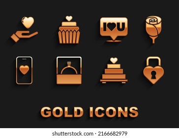 Set Diamond engagement ring, Flower rose, Castle the shape of heart, Wedding cake with, Online dating app and chat, Speech bubble I love you, Heart hand and  icon. Vector