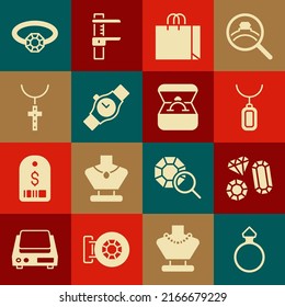 Set Diamond engagement ring, Gem stone, Pendant necklace, Shopping bag jewelry, Wrist watch, Christian cross chain,  and box icon. Vector