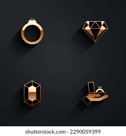 Set Diamond engagement ring, Gem stone and box icon with long shadow. Vector