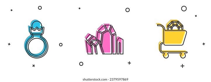 Set Diamond engagement ring, Gem stone and Jewelry online shopping icon. Vector