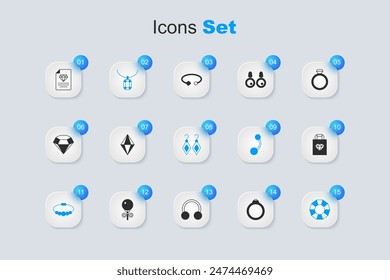 Set Diamant Verlobungsring, Edelstein, Anhänger Halskette, Armband Schmuck, Einkaufstasche, Zertifikat des Diamanten und Ohrringe Symbol. Vektorgrafik