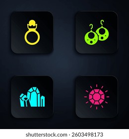 Set Diamond, engagement ring, Gem stone and Earrings. Black square button. Vector
