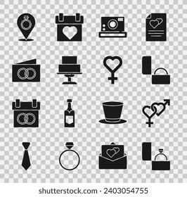Set Diamond Verlobungsring, Gender, Fotokamera, Hochzeitskuchen, Grußkarte, Ringe und Frauensymbol. Vektorgrafik