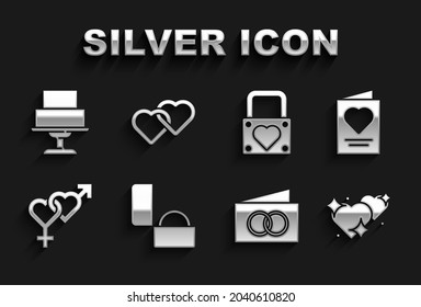 Set Diamond engagement ring, Greeting card, Two Linked Hearts, Gender, Lock and heart, Wedding cake and  icon. Vector