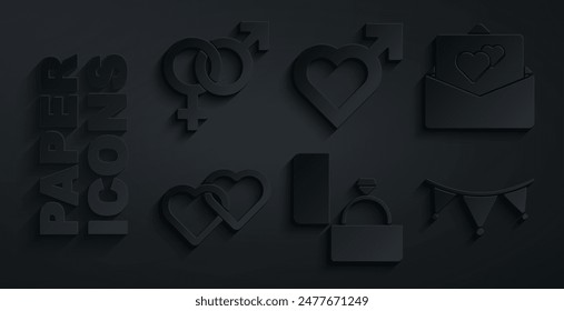 Set Diamond engagement ring, Greeting card, Two Linked Hearts, Carnival garland with flags, male gender and Gender icon. Vector