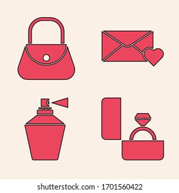 Set Diamond engagement ring, Handbag, Envelope with 8 March and Perfume icon. Vector