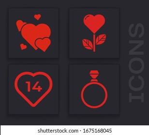 Set Diamond engagement ring, Heart, Heart shape in a flower and Heart icon. Vector