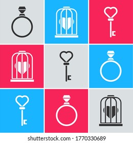 Set Diamond engagement ring, Heart in the bird cage and Key in heart shape icon. Vector