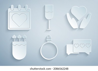 Set Diamond engagement ring, Heart hand, Quiver arrows with heart, Like, Wine glass and Calendar icon. Vector