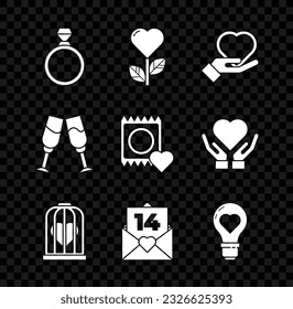 Set Diamond engagement ring, Heart shape flower, hand, the bird cage, Envelope with Valentine heart, light bulb, Glass of champagne and Condom package icon. Vector