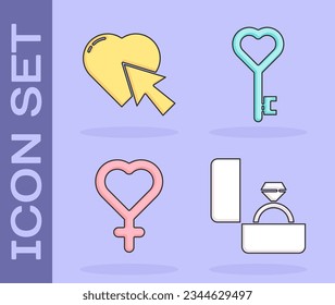 Set Diamond engagement ring, Heart and cursor click, Female gender symbol and Key in heart shape icon. Vector