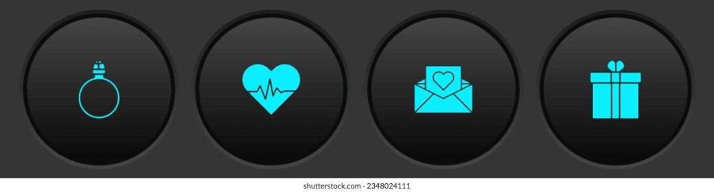 Establece el anillo de compromiso de Diamante, la tarifa del corazón, el sobre con el corazón de San Valentín y la caja de regalo y el icono. Vector