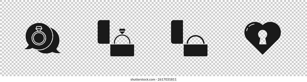 Set Diamond engagement ring, ,  and Heart with keyhole icon. Vector