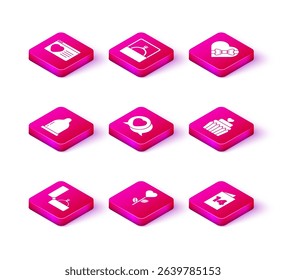 Set Diamond engagement ring, Heart shape flower, Condom, speech bubble, Greeting card, Wedding cake with heart, Candy shaped box and  icon. Vector