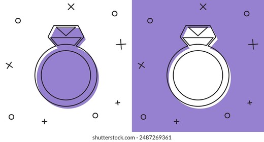 Conjunto de diamante anillo de compromiso icono aislado sobre fondo blanco y púrpura.  Vector