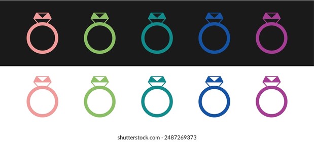 Conjunto de diamante anillo de compromiso icono aislado sobre fondo blanco y negro.  Vector