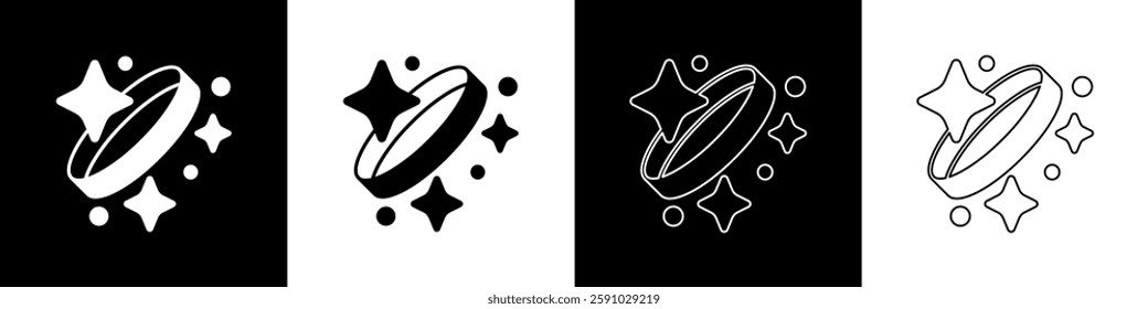 Set Diamond engagement ring icon isolated on black and white background.  Vector