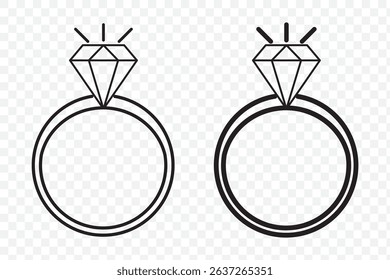 Set of Diamond engagement ring icon. Wedding ring icon. Jewelry and marriage Gemstone rings symbol collection. Vector Illustration on Transparent Background. EPS 10.