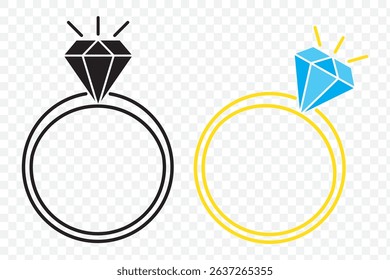 Set of Diamond engagement ring icon. Wedding ring icon. Jewelry and marriage Gemstone rings symbol collection. Vector Illustration on Transparent Background. EPS 10.