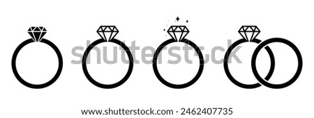 Set of Diamond engagement ring icon. Wedding ring icon. Jewelry and marriage Gemstone rings symbol collection. Vector Illustration.
