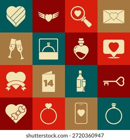 Anillo de compromiso de diamantes, forma de corazón clave, como y, amor de Búsqueda, vidrio de champán, caja en forma de caramelo y botella con icono de poción. Vector