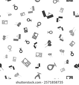 Set Diamond engagement ring, Location with heart, Balloons form of and Dating app online on seamless pattern. Vector