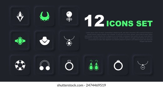 Set Diamond engagement ring, Locket necklace, Necklace mannequin, Earrings, Piercing,  and  icon. Vector