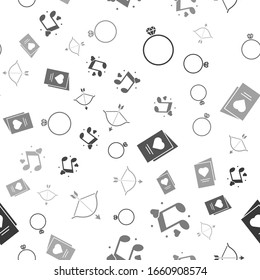 Set Diamond engagement ring, Music note, tone with hearts, Valentines day party flyer with heart and Bow and arrow on seamless pattern. Vector