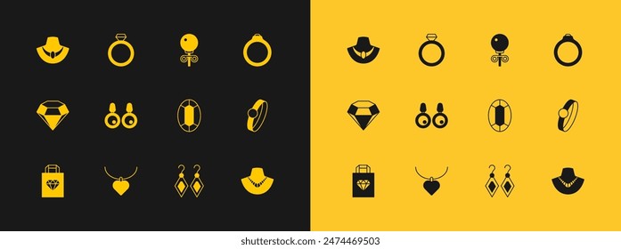 Conjunto de anillo de compromiso de diamantes, collar con forma de corazón, piedra preciosa, pendientes, pendientes de perno, maniquí e icono. Vector